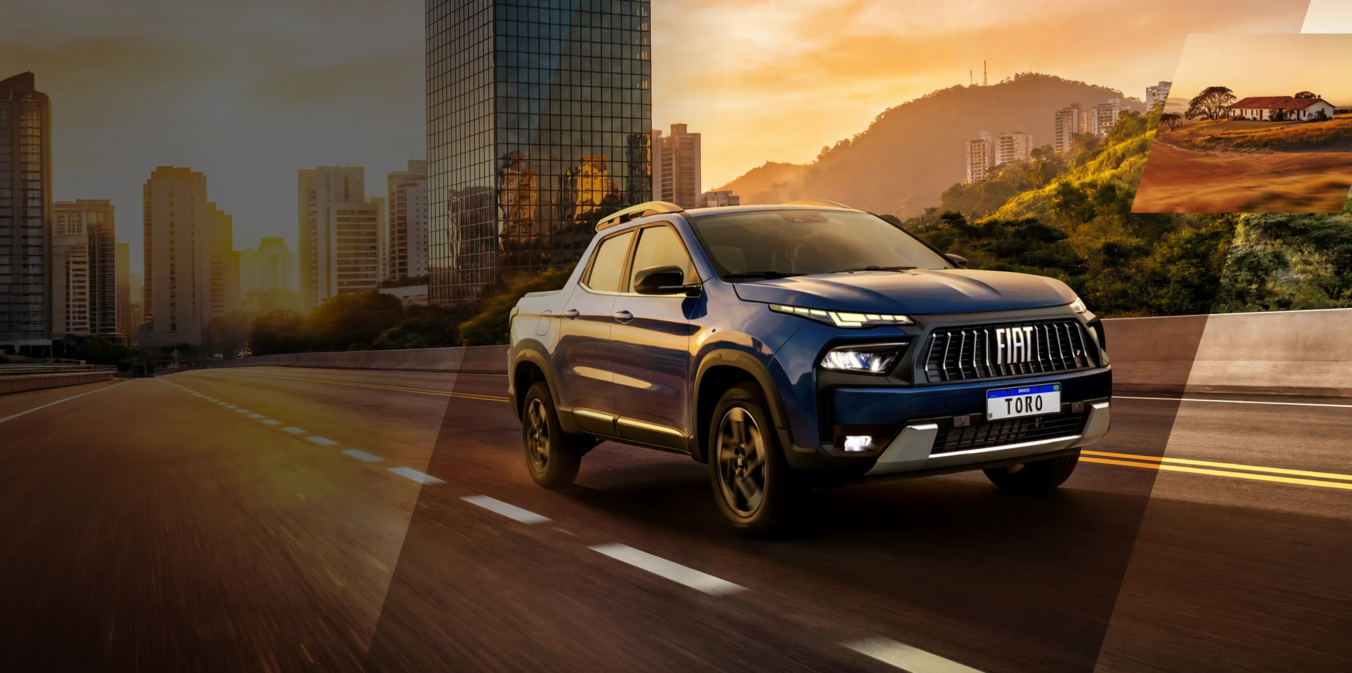 Fiat Toro azul com sistema híbrido leve MHEV em estrada de terra ao pôr do sol.